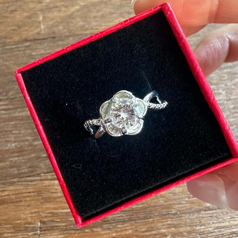 Silver Tone Floral Halo CZ Engagement Ring Size 8.25 Statement Ring